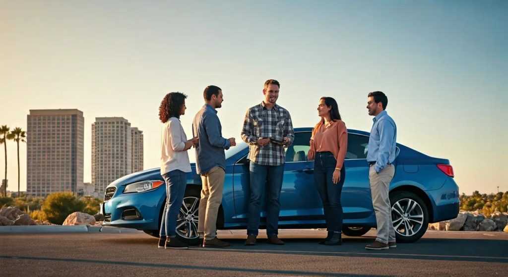 Group of diverse individuals discussing auto insurance in sunny Phoenix with skyline in background